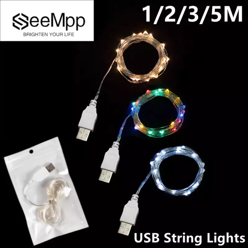 مقاوم للماء USB LED سلسلة أضواء ، أسلاك الفضة ، ضوء جارلاند ، أضواء الجنية لعيد الميلاد ، الزفاف ، عطلة الطرف الديكور ، 1 متر ، 2 متر ، 3 m ، 5 متر