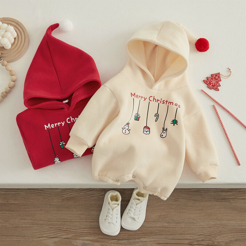 VISgogo-Pelele de Navidad para bebé, niño y niña, mono grueso de manga larga con capucha y estampado de letras, ropa de otoño e invierno