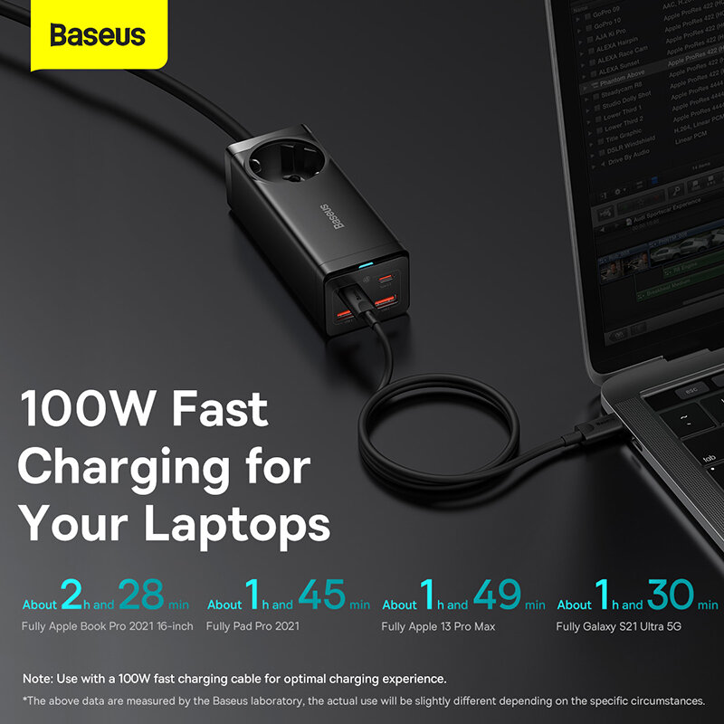 Baseus-cargador USB tipo C para ordenador de escritorio, tira de alimentación de 100W, 65W, GaN, PD, QC, carga rápida 4,0, 3,0, para iPhone 14, 13, MacBook Pro