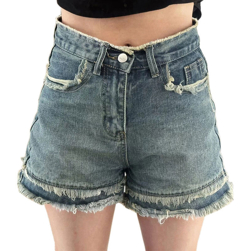 อเมริกาแบบย้อนยุคกางเกงห้านาทีขาบานเอวสูง, กางเกงผู้หญิงขาบาน celana pendek DENIM สุดเท่ฤดูใบไม้ผลิ2024