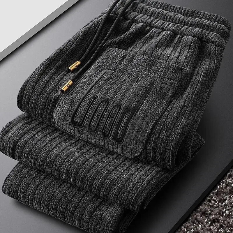 Autumn Winter Fashion Men's Plus Velvet Thickening Solid Color Pants 2024 Warm Slim Drawstring Mid Waist Trousers Male Clothes