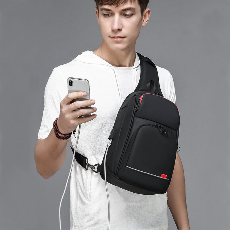 กระเป๋าสะพายดิจิตอลกันน้ำมีสายชาร์จ USB แบบสลิงแพ็คเหมาะสำหรับแท็บเล็ต9.7นิ้วสำหรับกระเป๋าเอวผู้ชาย