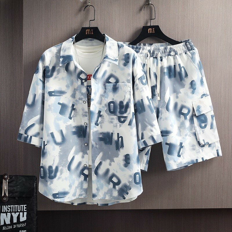 Conjunto de camisa estampada com letras graffiti masculino, roupa esportiva de algodão, moda casual, primavera, verão, 2024