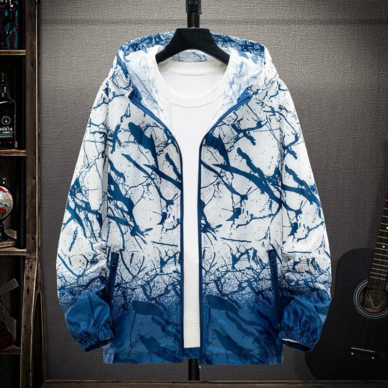Men Printed Long Sleeve Jacket Men's Gradient Color Hooded Coat with Zipper Pockets Elastic Cuff Stylish Fall Spring for Outdoor