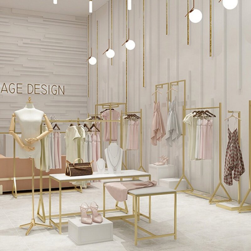 Juego de mesa con extremo anidado de diseño de tienda Boutique, estante de ropa personalizado, accesorio de tienda, mesa de exhibición de anidación dorada