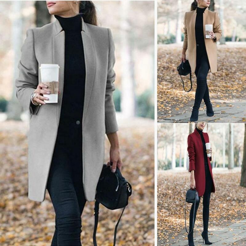 하이 퀄리티 여성용 단색 긴팔 재킷, 스탠드업 칼라, 인조 울 코트, 울 혼방 코트, 가을 겨울 패션, 신상