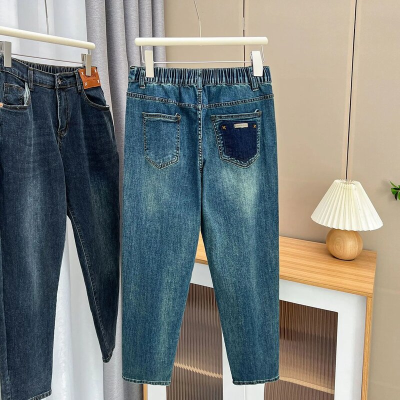 Celana Harem Denim wanita, celana Jeans panjang pergelangan kaki Label modis kasual ukuran besar meregang pinggang tinggi musim gugur 100kg