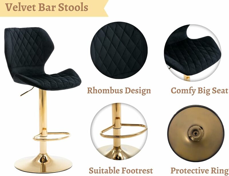 Bangku Bar beludru Set 2 bangku Bar tinggi konter dengan kursi Bar putar belakang dengan bangku pulau basis emas dapat disesuaikan untuk Bar