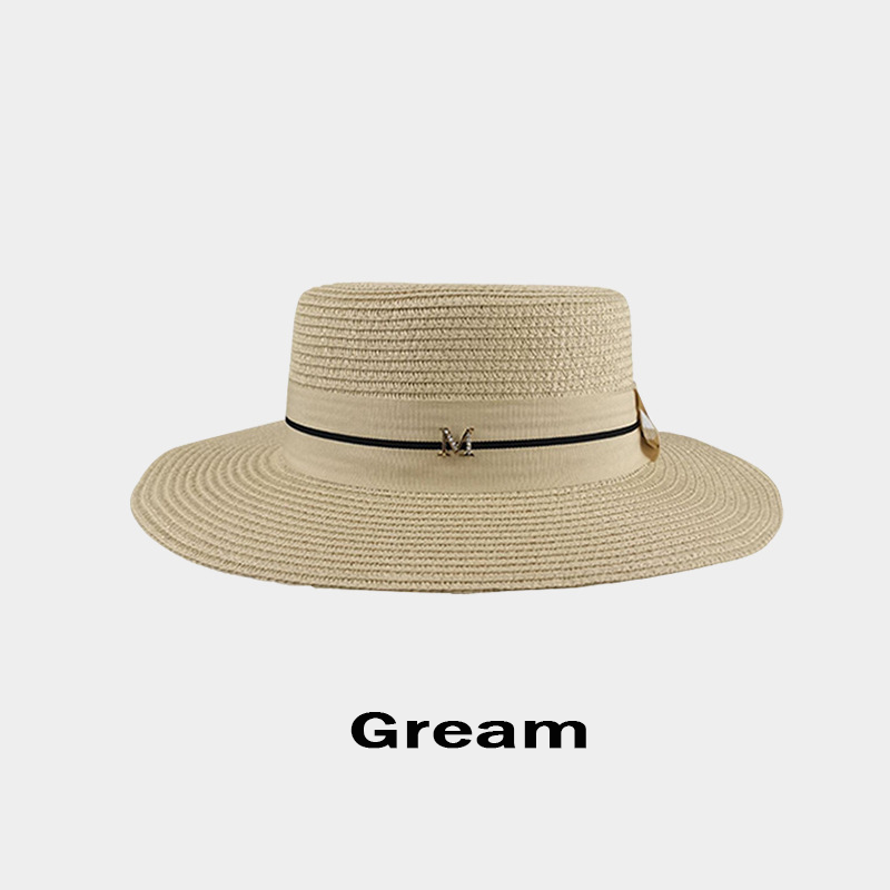 Chapeau de paille tissé avec marque M pour femme, rétro britannique, mode DN, plage, vacances, crème solaire, été