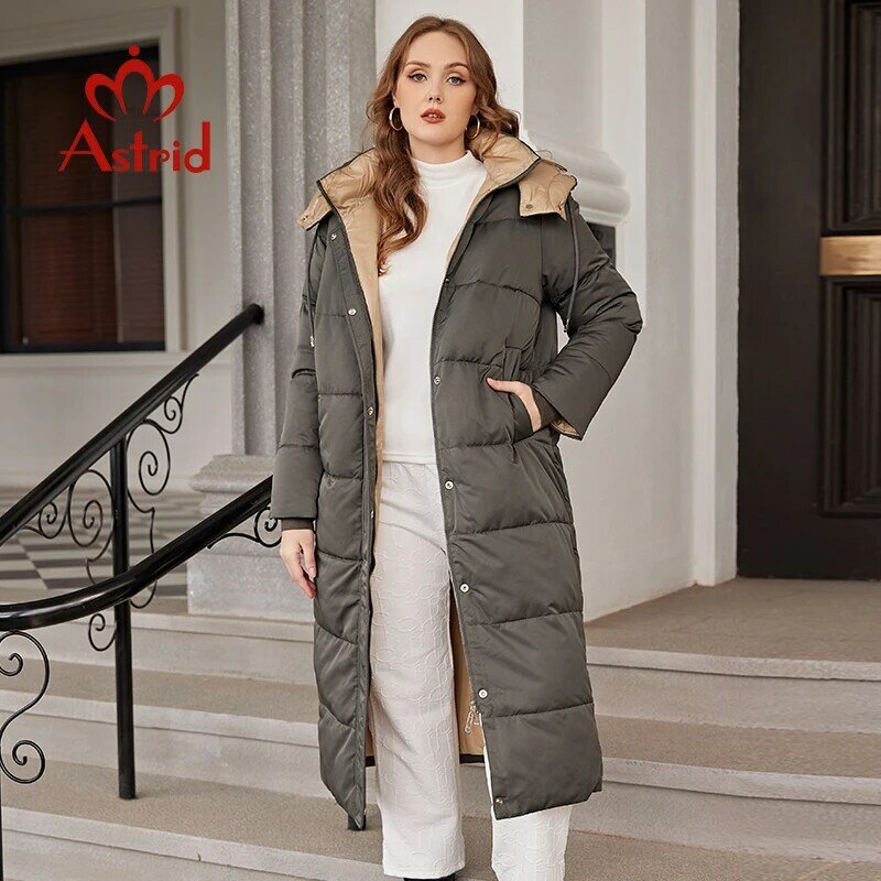 Astrid-Parca feminina de capuz grande, casaco longo quente, jaqueta de costura, moda casual, roupas femininas, inverno, 2022