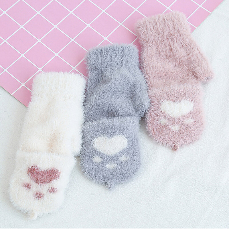 Luvas de patas de gato sem dedos para mulheres, luvas conversíveis, tampa de aba, quente, frio, cosplay, inverno, 1 pares