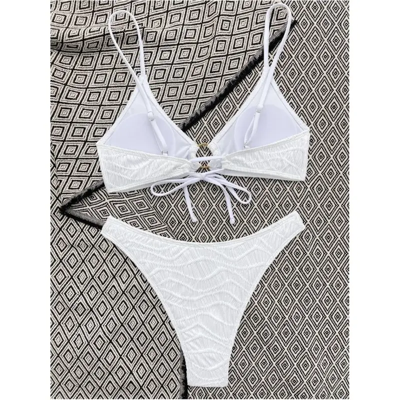 Textured Bikini Push Up Swimsuit 2024 Trend Woman Swimwear Rings Strappy Lace Two Piece Beach Bather Suit Bikinis Outfit Biquini