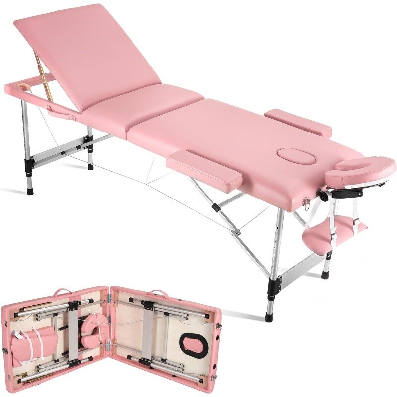 Mesa de masaje portátil, cama de masaje profesional, 3 pliegues, 82 pulgadas, altura ajustable para tatuaje de pestañas de salón de Spa con aluminio