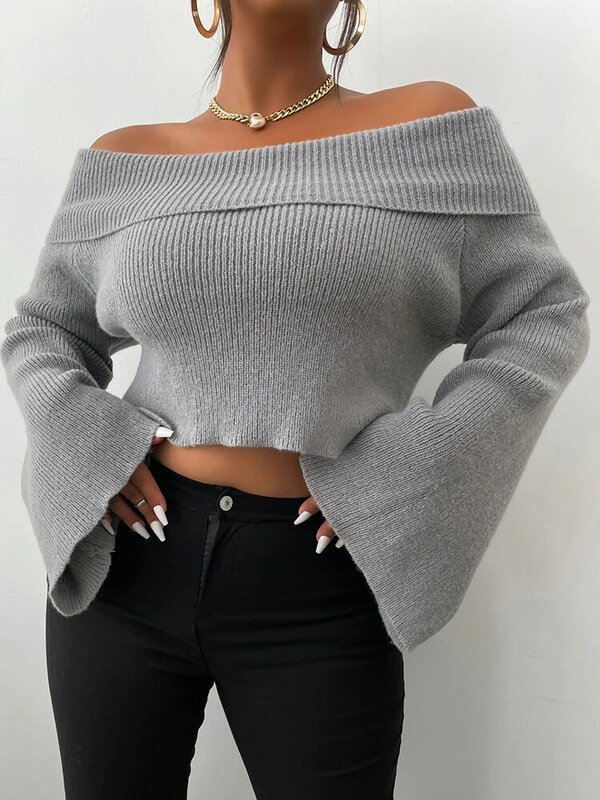 ONELINK Solid Grey Sexy Slash Neck Off Shoulder Long Bell Warm Solf Sleeves Plus Size Women's Sweater Stitch Knit Pullover Tops