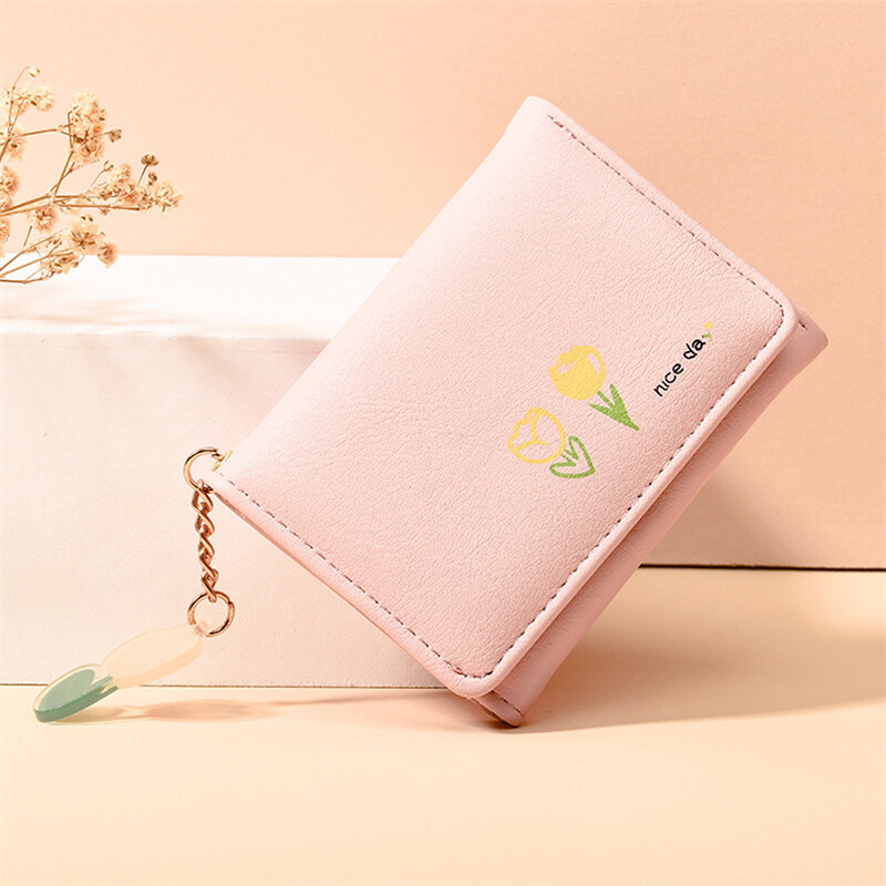 Solid Color Women Short Wallet Accessories Triple Fold Money Clip Leather Purse Multiple Card Positions Ladies Card Bag