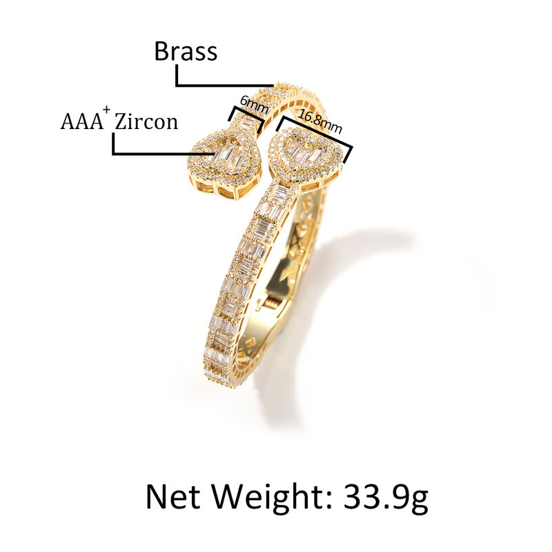 Uwin Baguette CZ Heart 6mm Adjustable Cuff Bangle Micro Paved Bling Cubic Zirconia Luxury Rapper Hiphop Jewelry Punk Gift