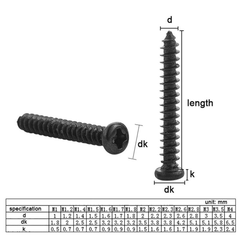 Parafuso de aço carbono preto auto-roscante de Phillips, cabeça redonda transversal, M1, M1.2, M1.4, M1.5, M1.7, M2, M2.3, M2.6, M3, M3.5, M4, M5, 100 peças
