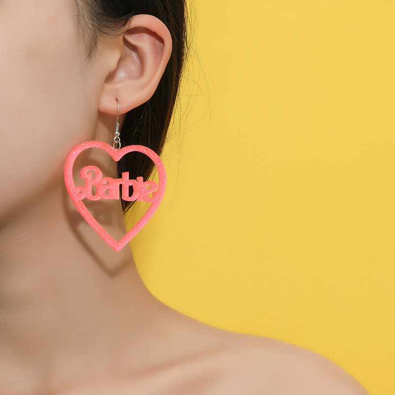 New Cute Children Earrings Pink Glitter Earrings Love Hollow Acrylic Earrings Funny Jewelry Suitable for Women Gifts To Her