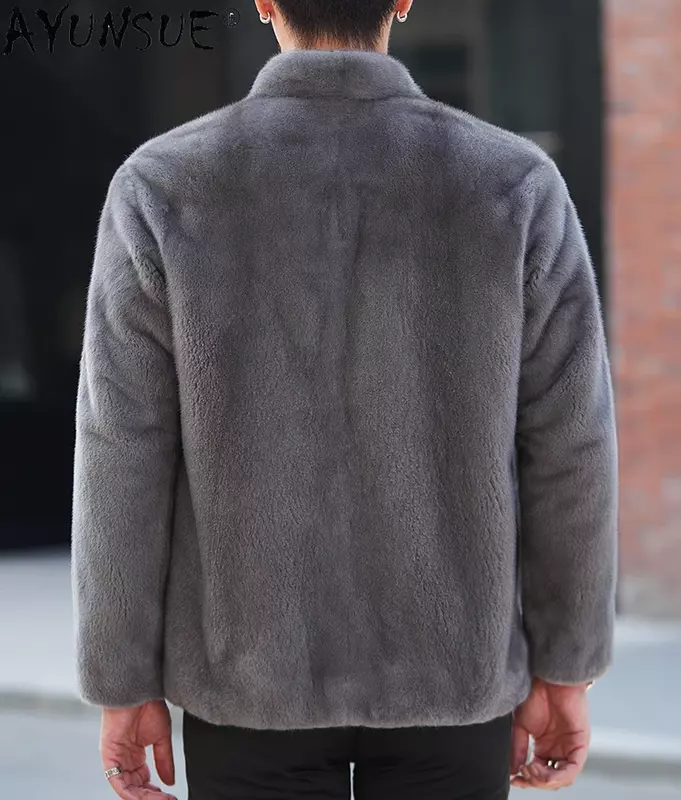AYUNSUE jednolite kolorowe płaszcz z prawdziwego futra kurtki z norek dla mężczyzn 2023 nowy zimowy płaszcze z futra norek z dekoltem w szpic jednorzędowy kurtki futrzane
