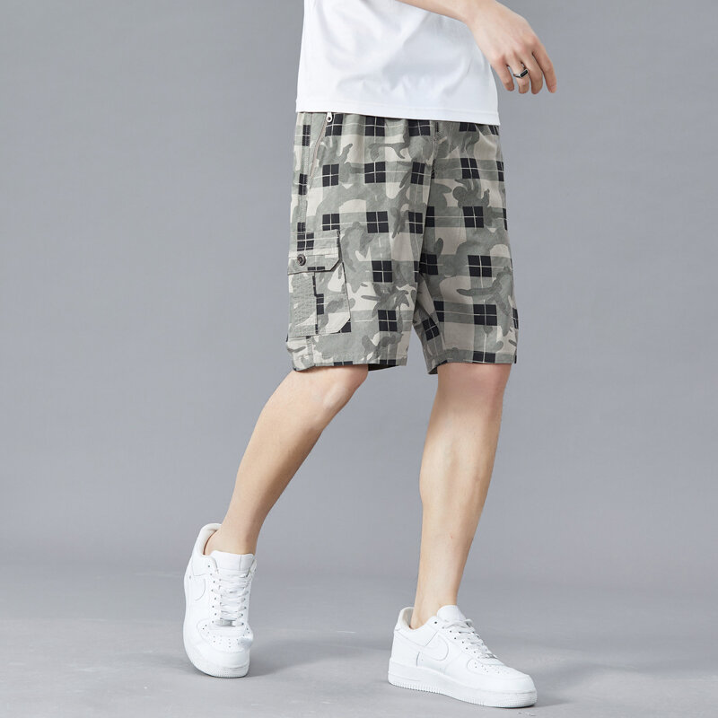 Summer Plaid Cargo Shorts Men Outdoor Drawstring Cotton Tactical Shorts Lightweight Military Hiking Shorts Male