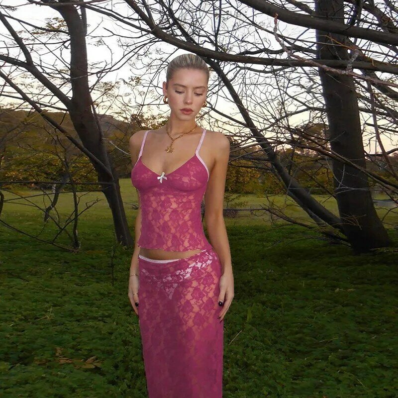 Różowa 2-częściowa koronkowa damska suknia wieczorowa + górny pasek bez rękawów letnia suknia wieczorowa plażowa spódnica na co dzień w stylu Streetwear