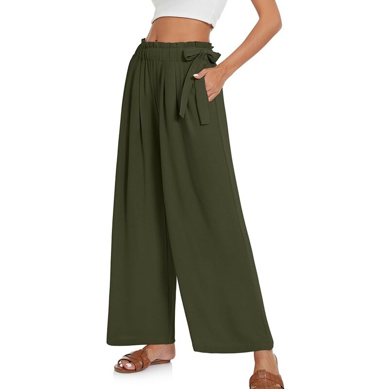 Damskie spodnie z szerokimi nogawkami Letnie spodnie plażowe z wysokim stanem i wiązaniem z boku Lekkie, luźne, zwiewne spodnie plażowe z kieszeniami