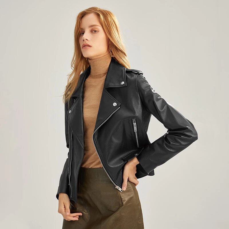 2023 Autumn Fashion New Lady Genuine Sheepskin Leather Jackets Biker Solid Leather Short Coat Zipper Windproof Moto Outwear 8004
