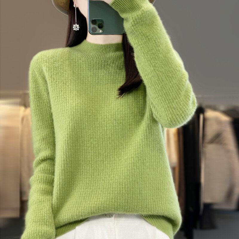 Sweter damski do połowy szyi sweter długi rękaw 23 jesienno-zimowy nowy bambusowy styk 100% z czystej wełny luźny uniwersalny dzianinowy Top