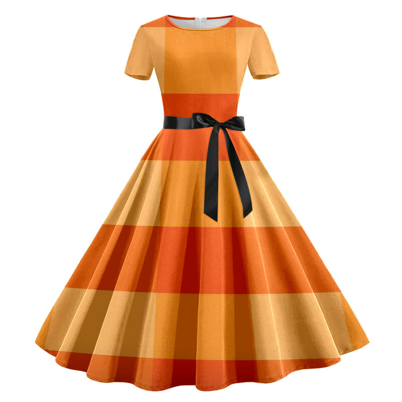 Halloween Retro Vintage Frauen Kleid Plaid gedruckt England Stil großes Hemd Sommerkleid 50er 60er Jahre Pinup Swing Freizeit kleider