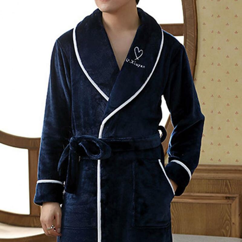Home Wear Men Pajamas Robe Flannel Absorbent Solid Color Pocket Design Couple Bathrobe Winter Sleepwear