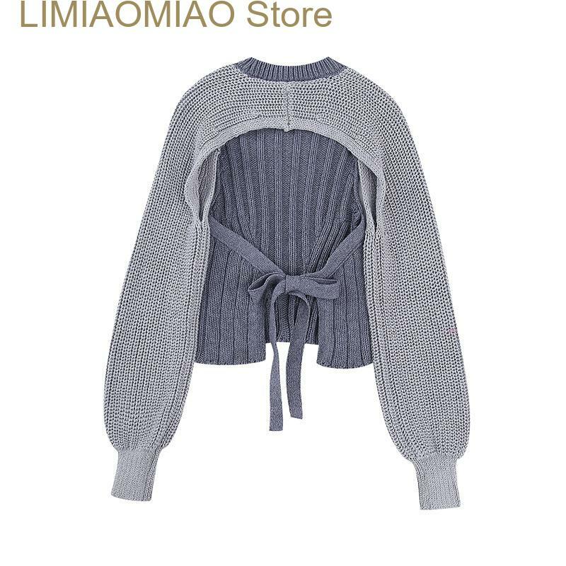 Sweter Pullover rajut perca untuk wanita, pakaian pendek bertali modis, mantel kasual kerah bulat musim gugur dan musim dingin untuk wanita