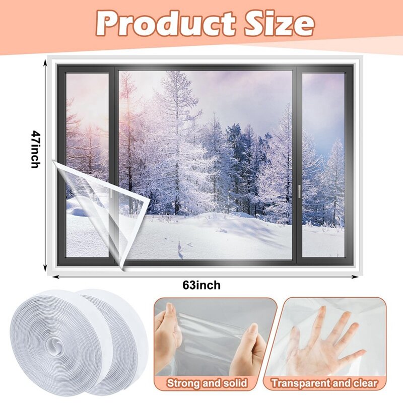 접착 스트랩이 있는 절단 가능한 투명 필름 창문 단열 키트, 겨울용 재사용 가능 창문 플라스틱