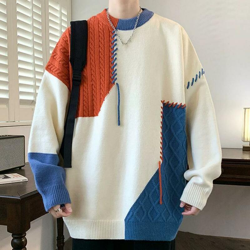 Zimowy sweter przytulny dzianinowy męski sweter z ciepłą grubą sweter z okrągłym wycięciem pod szyją z kontrastowym kolorowy Patchwork na zimę