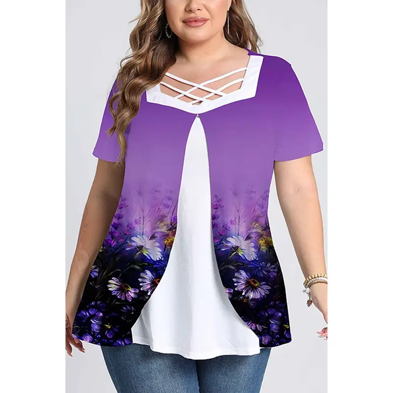 Plus Size letnie casualowe fioletowe Ombre z kwiatowym nadrukiem pasek krzyżowy bluzki z krótkim rękawem