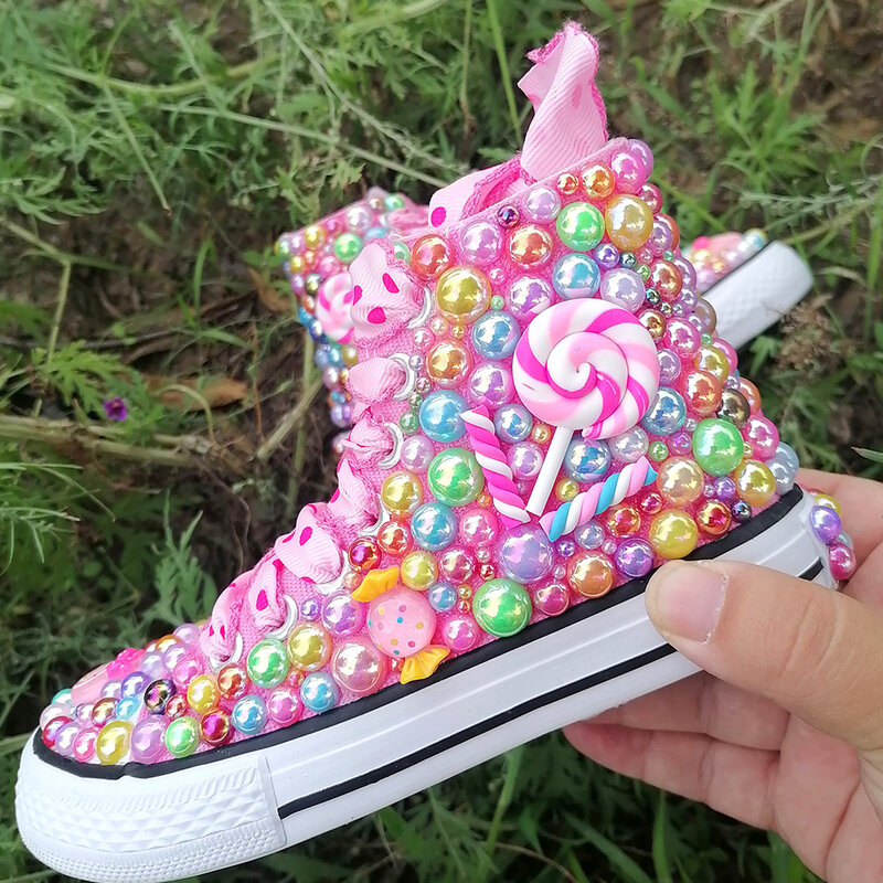 Handmade Rhinestones Bling Girls Womens Kids And Mother Candy Canvas Shoes Pearls Sneakers For Girl Birthday Party Wedding