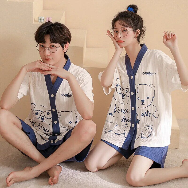 Piyama Modis 3XL Baru untuk Pasangan Pakaian Tidur Gaya Kimono Katun Lembut Musim Panas Pria dan Wanita Santai Pijama Pakaian Santai