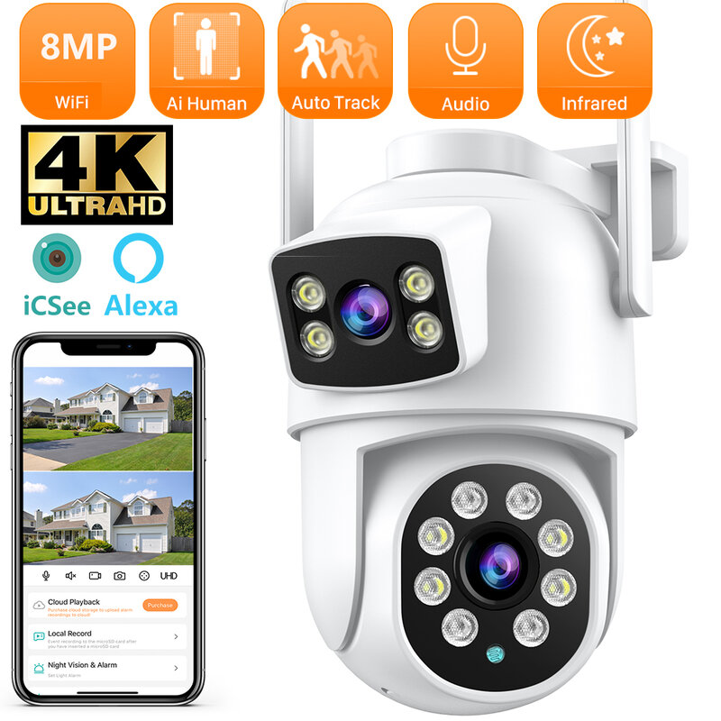 8mp Dual-Screen-und Dual-Lens-WLAN-Survalance-Kamera Farbe Nachtsicht ai Auto-Tracking-Cloud Outdoor-Wireless-Überwachungs kamera