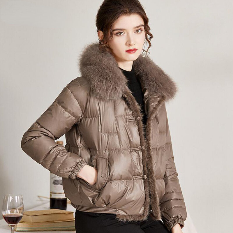 Chaqueta de plumón de pato para mujer, abrigo corto y cálido con cuello de piel de zorro Real, Parka Vintage holgada, 90%