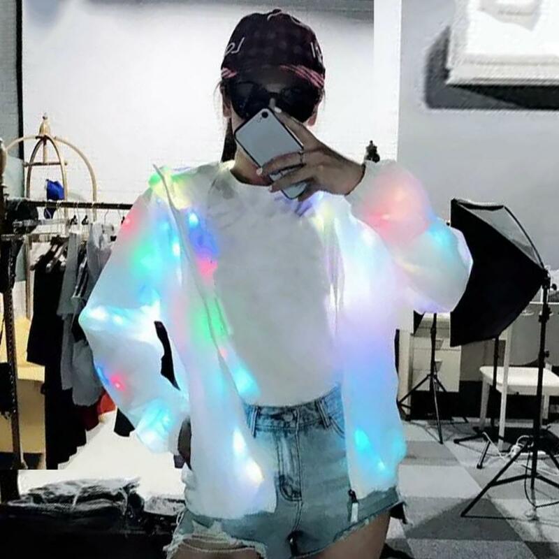 Jaqueta Brilho LED iluminada com capuz colorido, jaqueta iluminada, manga comprida, fantasia luminosa para clube, festa de concerto