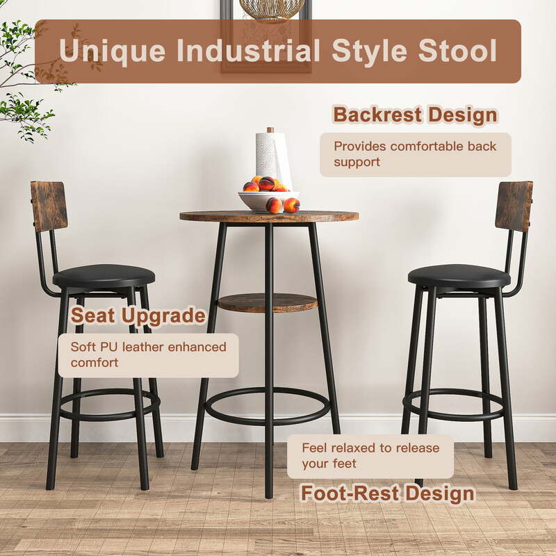 3-Piece Dining Round Table and Chairs Set, Industrial Bar Table Set Kitchen Table and 2 Stools on Breakfast Nook, Rustic Brown