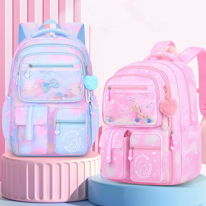 활 매듭 학교 가방 백팩, 십대 구슬 책가방, 초등학교 귀여운 방수 그라데이션 색상, 어린이 배낭