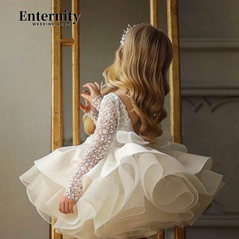 Sparkly Dresses Fold Illusion Sleeves Lovely Baby Little Girl Belt Bows Ball Gown Knee-length Open Back Vestidos Para Niñas