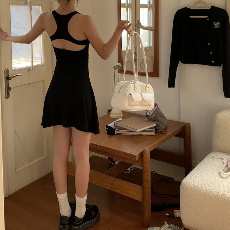 Houzhou süße sexy schwarze Bodycon lässige elegante Kleider für Frauen koreanische schlanke rücken freie Mini ärmellose Kleid kurze y2k Party