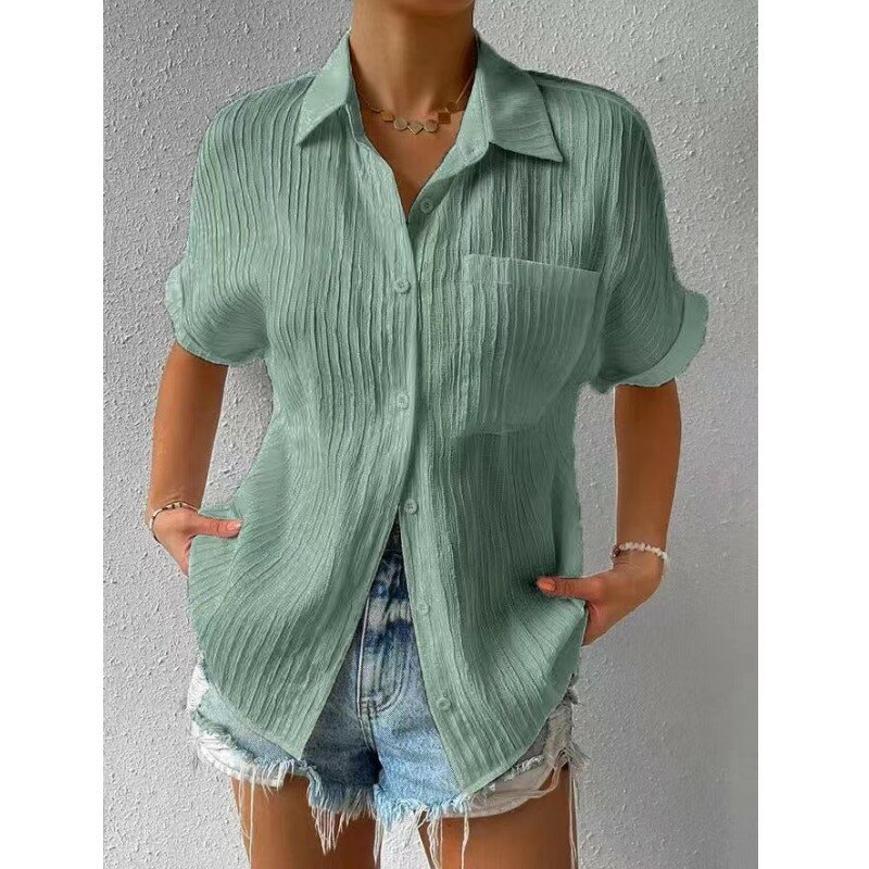 2023 قميص صيفي قصير الاكمام-قمصان نسائية موضة هاراجوكو بلوزة عادية الجيب الصلبة خمر تي شيرت