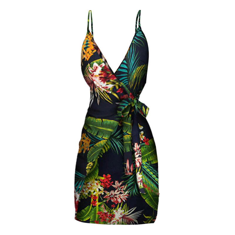 Gaun kasual leher-v motif tropis baru musim panas gaun Mini liburan musim panas tanpa lengan untuk wanita gaun bertali spageti Bohemian