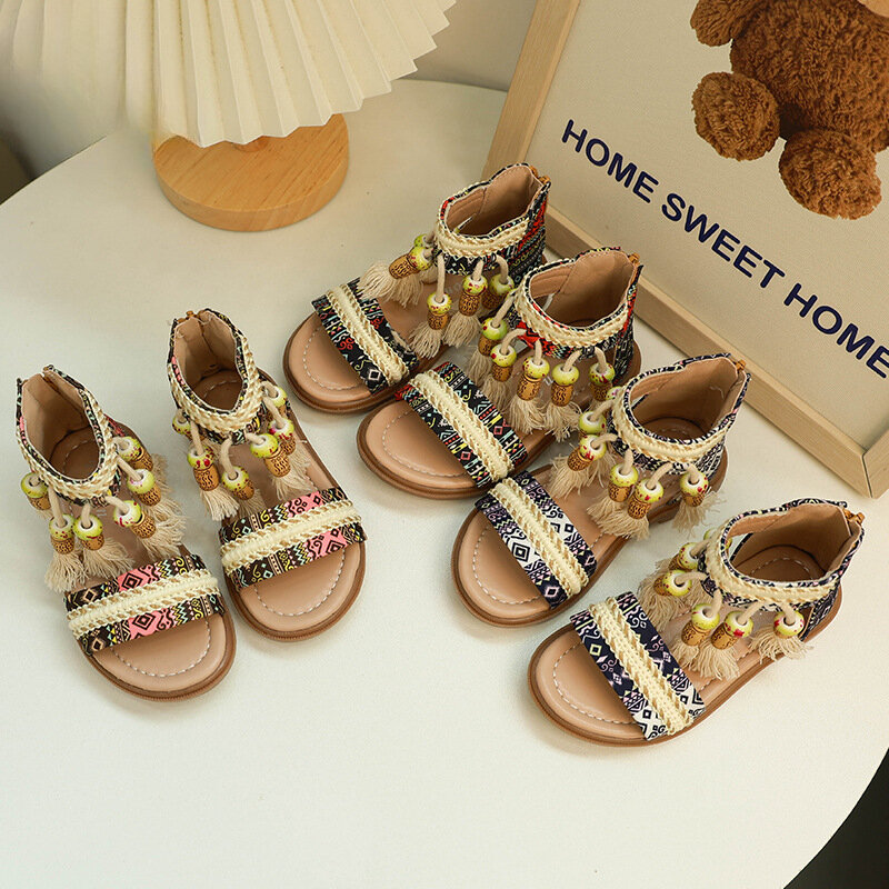 Sandali per bambini estate nuova boemia scarpe da principessa in stile nazionale per ragazze moda Open-toe nappa bambini sandali romani causali