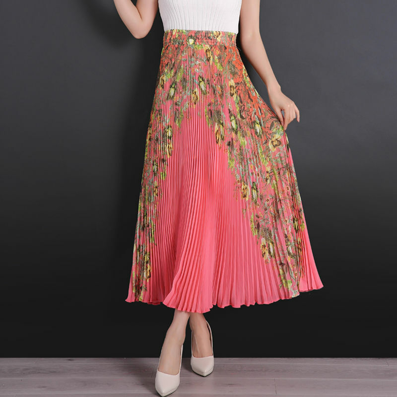 Folk Vintage Printed Ankle Skirts Floral Summer Stylish Pleated Female Clothing High Waist Elastic Commute Elegant Long Skirts