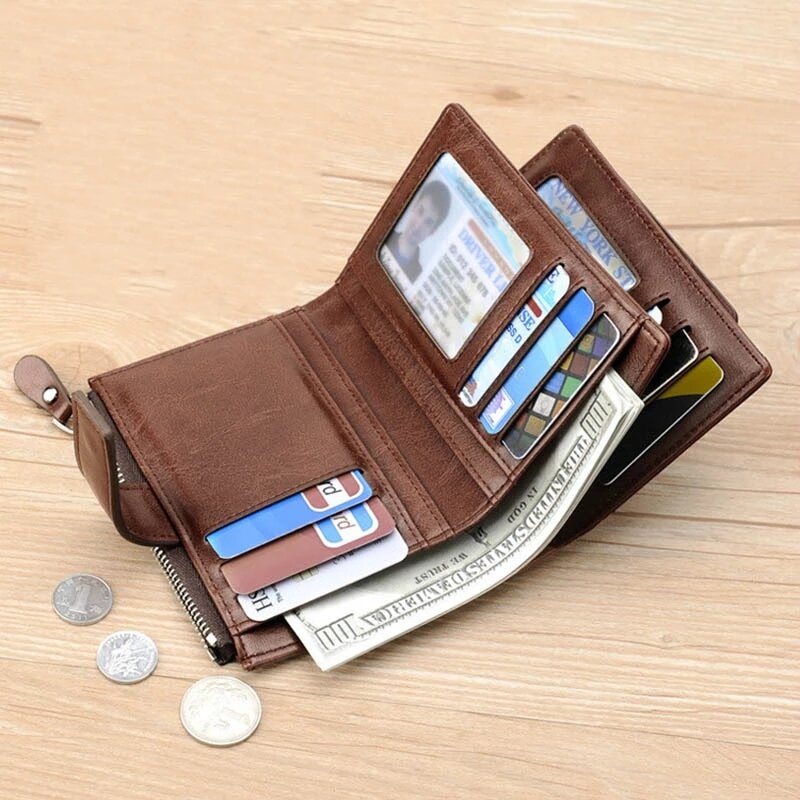กระเป๋าสตางค์แบบพับสำหรับรองเท้าผู้ชายหนังแท้กระเป๋าเก็บบัตร RFID สั้นที่หรูหราสำหรับผู้ชายมีซิป dompet koin ผู้ชายแบบพกพากระเป๋าสตางค์แบบพับ
