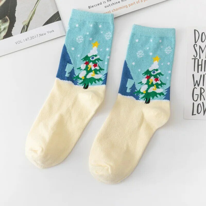 Женские носки средней длины, женские модные забавные носки с белым низом и изображением снеговика, лося