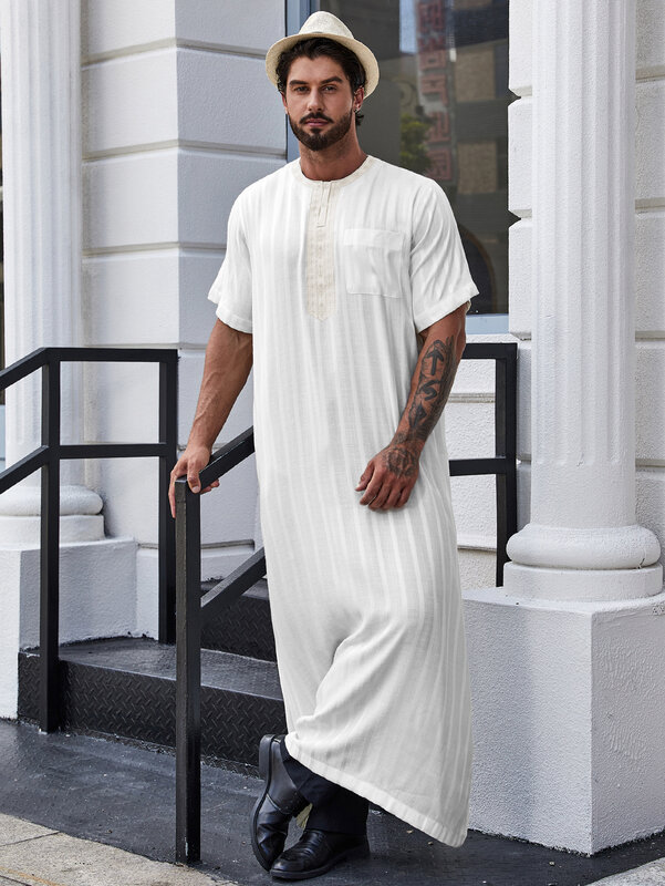 Ramadan Stylish Men's Muslim Robe Shirt With Vertical Stripes And Pocket - Islam Abaya Perfect For Casual And Formal Occasions